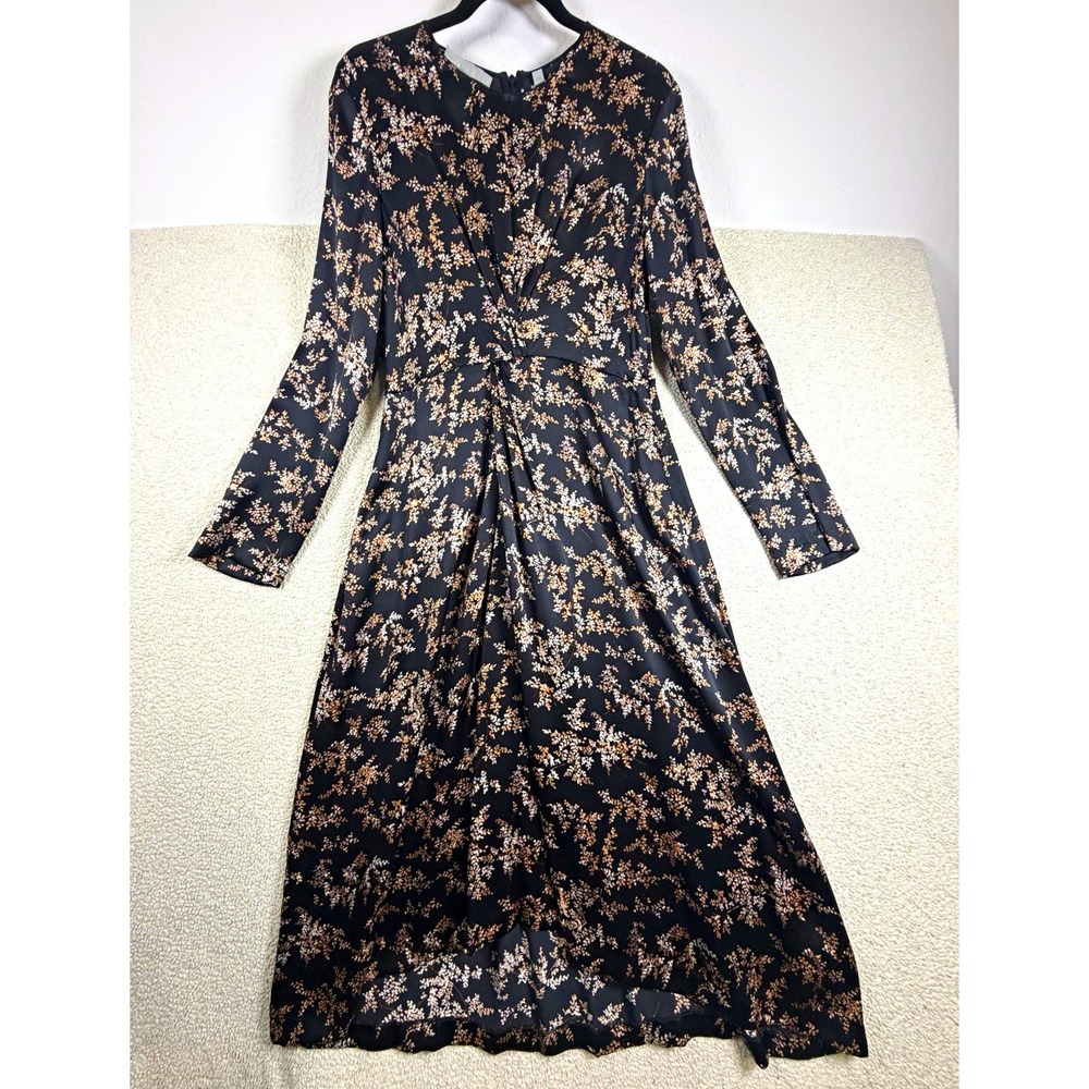 Vince. Women's L 100% Silk Floral Midi A Line Dress Black Long Sleeve NWT